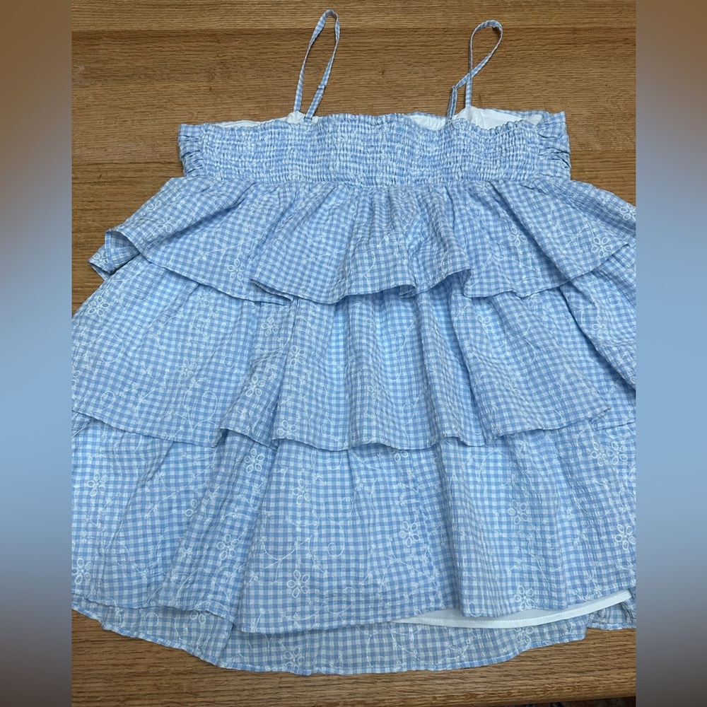 Arula Altar'd State NWOT gingham embroidered tiered mini dress 0X, 20" Ptp - Picture 7 of 9